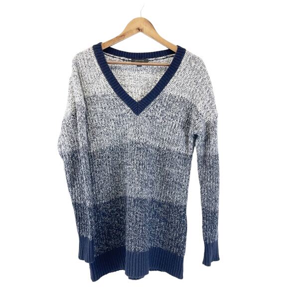 Ann Taylor Womens S Chunky V-Neck Sweater‎ Color Block Stripes Blue White - Picture 1 of 5